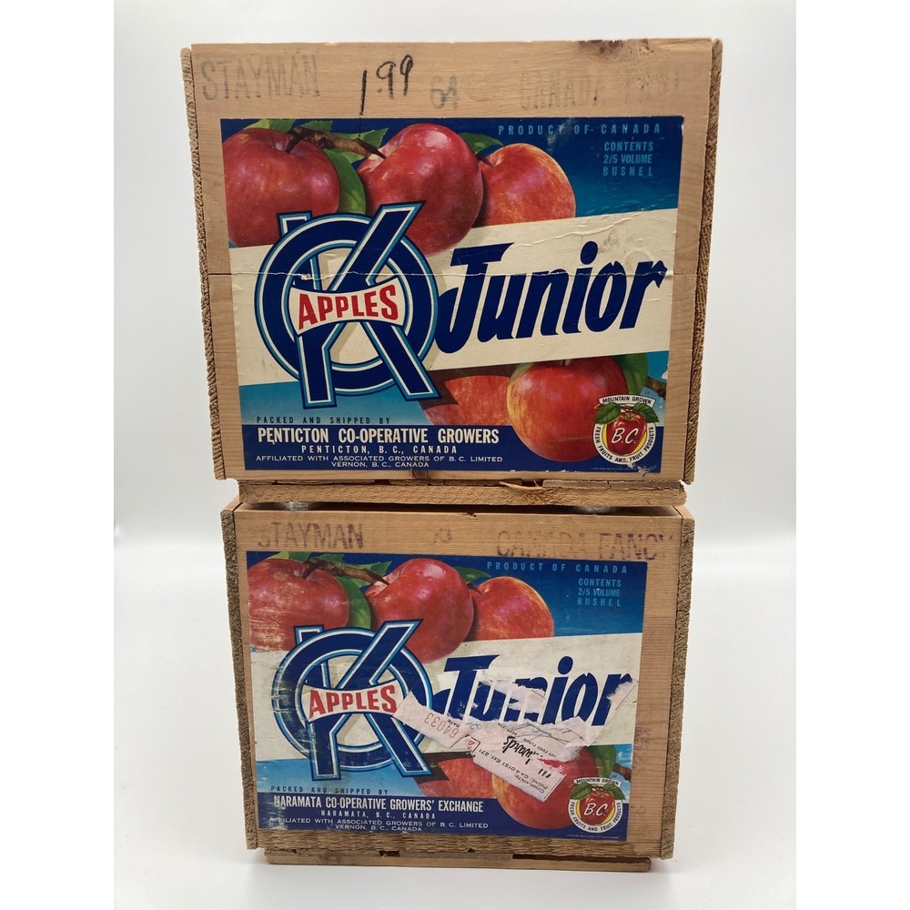 Vintage OK Brand Junior Apple Crate Wood Fruit Box Penticton Naramata BC Label